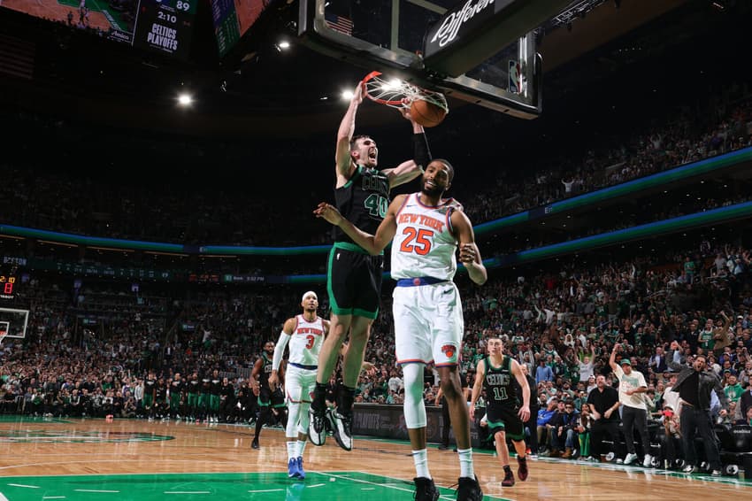 BOSTON, MA - MAY 14: Luke Kornet #40 of the Boston Celtics dunks the ball during the game against the New York Knicks during Round Two Game Five of the 2025 NBA Playoffs on May 14, 2025 at TD Garden in Boston, Massachusetts. NOTE TO USER: User expressly acknowledges and agrees that, by downloading and/or using this Photograph, user is consenting to the terms and conditions of the Getty Images License Agreement. Mandatory Copyright Notice: Copyright 2025 NBAE Nathaniel S. Butler/NBAE via Getty Images/AFP (Photo by Nathaniel S. Butler / NBAE / Getty Images / Getty Images via AFP)