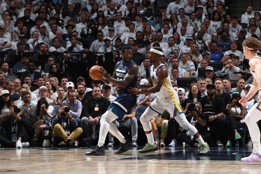MINNEAPOLIS, MN - MAY 14: Julius Randle #30 of the Minnesota Timberwolves handles the ball during the game against the Golden State Warriors during Round 2 Game 5 of the 2025 NBA Playoffs on May 14, 2025 at Target Center in Minneapolis, Minnesota. NOTE TO USER: User expressly acknowledges and agrees that, by downloading and or using this Photograph, user is consenting to the terms and conditions of the Getty Images License Agreement. Mandatory Copyright Notice: Copyright 2025 NBAE Noah Graham/NBAE via Getty Images/AFP (Photo by Noah Graham / NBAE / Getty Images / Getty Images via AFP)