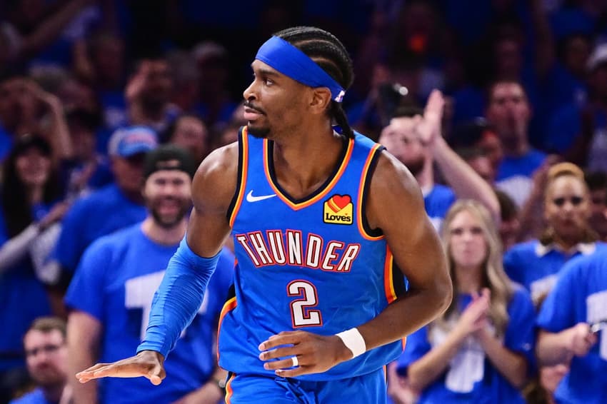 OKLAHOMA CITY, OKLAHOMA - MAY 18: Shai Gilgeous-Alexander #2 of the Oklahoma City Thunder reacts after scoring during the fourth quarter of a game against the Denver Nuggets in Game Seven of the Western Conference Second Round NBA Playoffs at Paycom Center on May 18, 2025 in Oklahoma City, Oklahoma. NOTE TO USER: User expressly acknowledges and agrees that, by downloading and or using this photograph, User is consenting to the terms and conditions of the Getty Images License Agreement. Joshua Gateley/Getty Images/AFP (Photo by Joshua Gateley / GETTY IMAGES NORTH AMERICA / Getty Images via AFP)