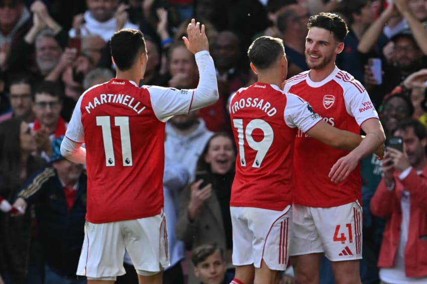 Declan Rice comemora gol da vitória do Arsenal sobre o Newcastle, pela Premier League