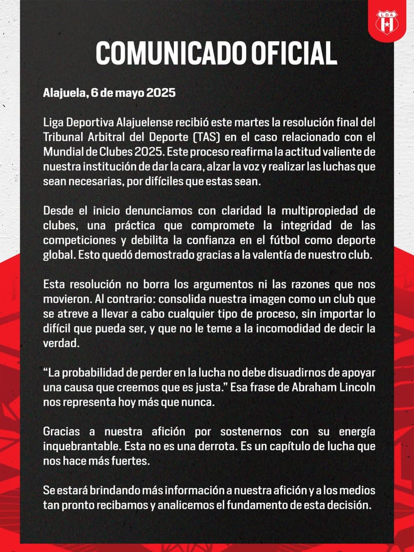 Alajuelense publica comunicado sobre decisão do TAS