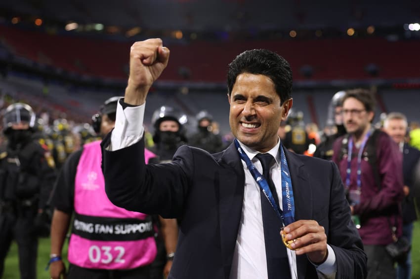 Presidente do PSG, Nasser Al-Khelaifi comemora conquista do título da Champions League