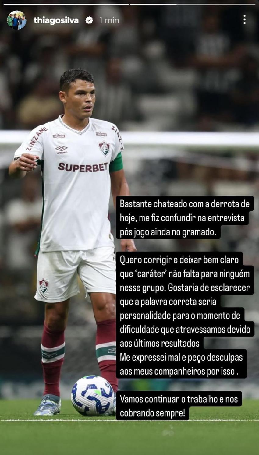 Thiago Silva se retrata em sua rede social após derrota do Fluminense para o Atlético-MG