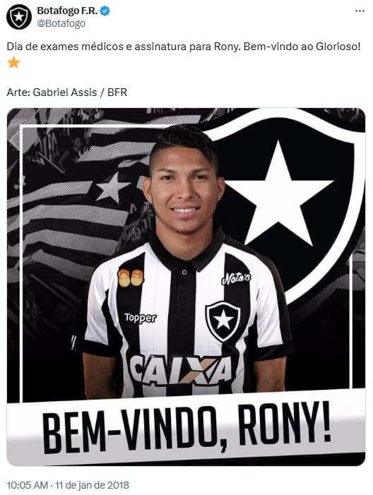 Em 2018, Rony foi anunciado pelo Botafogo, mas não defendeu o clube (Foto: Reprodução)
