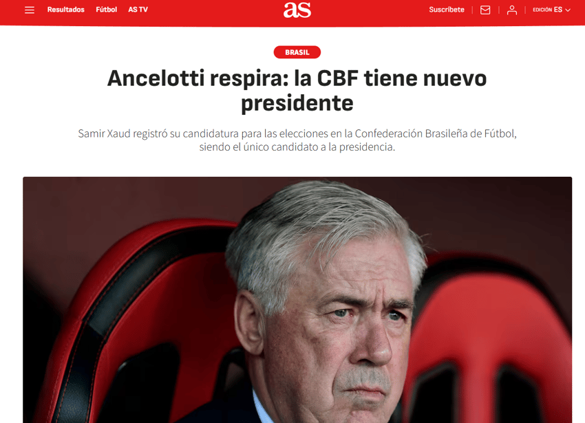 Jornal "as" sobre Ancelotti e CBF