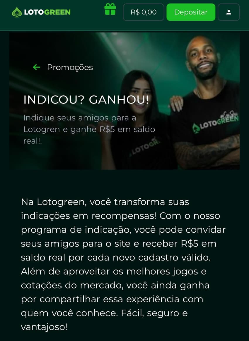 Captura da tela do programa de indicações da casa de apostas no Paulistão Lotogreen.