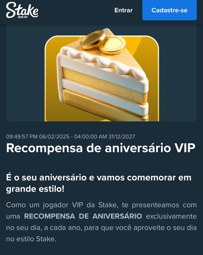 Captura da tela de Recompensa de aniversário VIP na casa de apostas no Paulistão Stake.