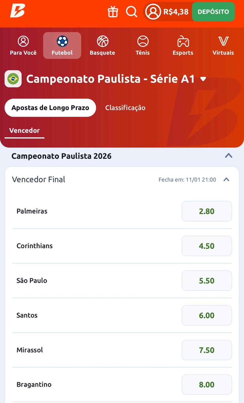 Captura da tela de aposta no Campeonato Paulista na Betano.