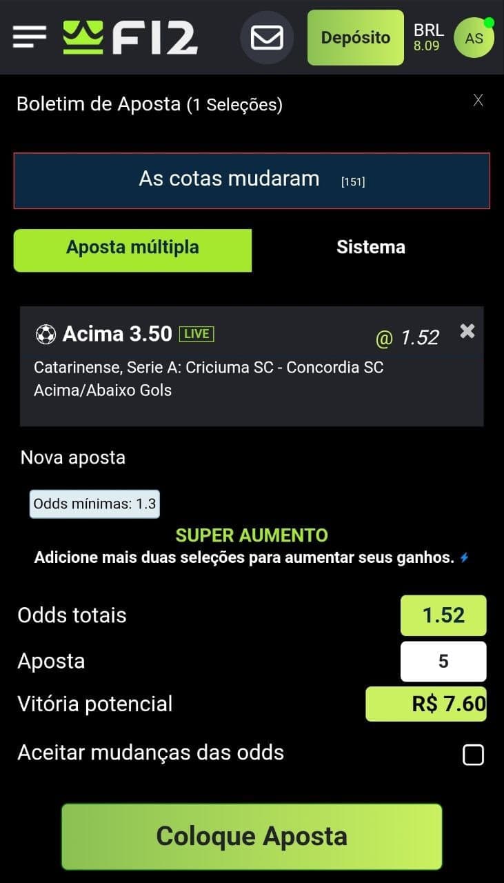 Bilhete de apostas na F12 Bet em criação com vitória potencial de R$7.60