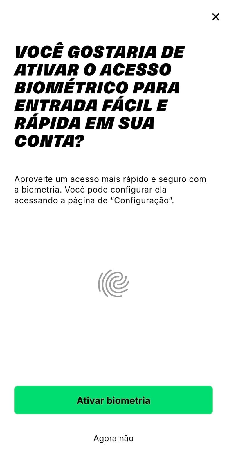 Captura de tela do aplicativo da KTO com a opção de ativar a biometria para acessar o site com a digital.
