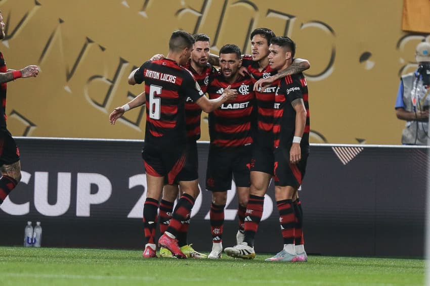 Jogadores do Flamengo comemoram gol no Mundial (Foto: Gilvan de Souza/Flamengo)