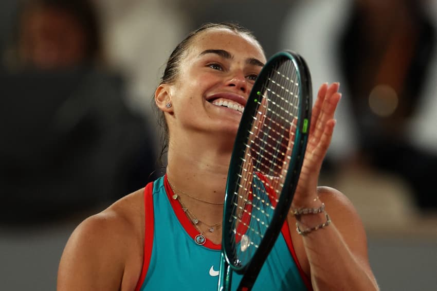 Belarus' Aryna Sabalenka celebrates her victory over Poland's Iga Swiatek during their women's singles semi-final match on day 12 of the French Open tennis tournament on Court Philippe-Chatrier at the Roland-Garros Complex in Paris on June 5, 2025. (Photo by Alain JOCARD / AFP)