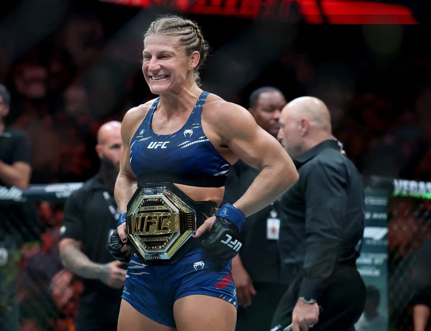 NEWARK, NEW JERSEY - JUNE 07: Kayla Harrison of the United States enters the octagon before the bantamweight bout against Julianna Pena of the United States during UFC 316 at the Prudential Center on June 07, 2025 in Newark, New Jersey. Elsa/Getty Images/AFP (Photo by ELSA / GETTY IMAGES NORTH AMERICA / Getty Images via AFP)