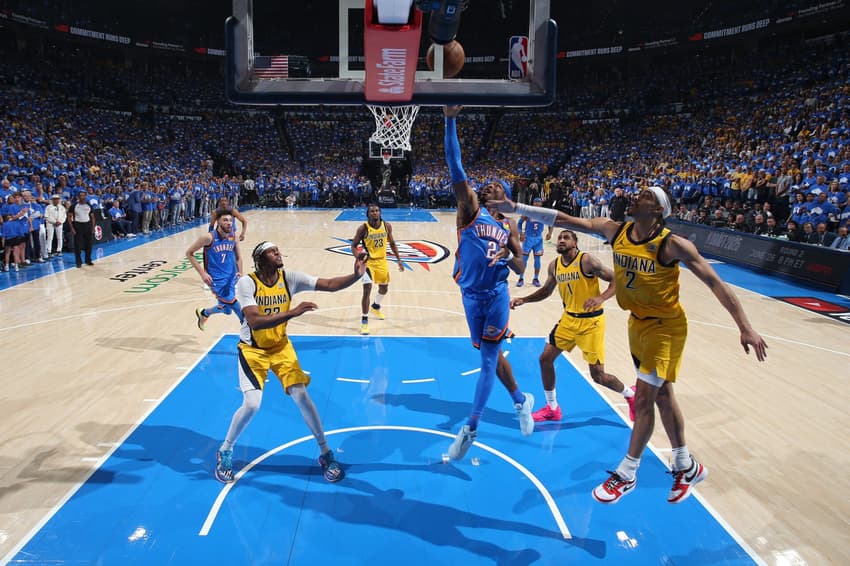 OKLAHOMA CITY, OK - JUNE 22: Shai Gilgeous-Alexander #2 of the Oklahoma City Thunder drives to the basket during the game against the Indiana Pacers during Game Seven of the 2025 NBA Finals on June 22, 2025 at Paycom Center in Oklahoma City, Oklahoma. NOTE TO USER: User expressly acknowledges and agrees that, by downloading and or using this photograph, User is consenting to the terms and conditions of the Getty Images License Agreement. Mandatory Copyright Notice: Copyright 2025 NBAE Nathaniel S. Butler/NBAE via Getty Images/AFP (Photo by Nathaniel S. Butler / NBAE / Getty Images / Getty Images via AFP)