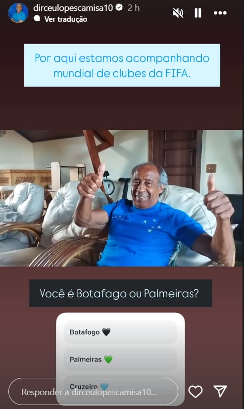 Ídolo do Cruzeiro, Dirceu Lopes assiste a jogo entre Palmeiras e Botafogo, pelo Mundial (Foto: Reprodução Instagram)