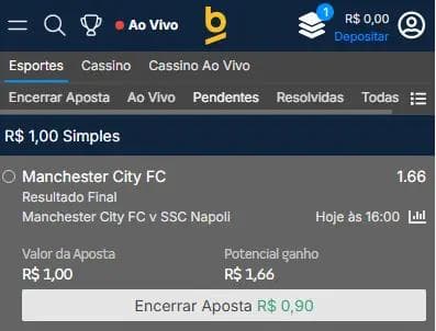 Captura de tela de cash out pré-jogo.