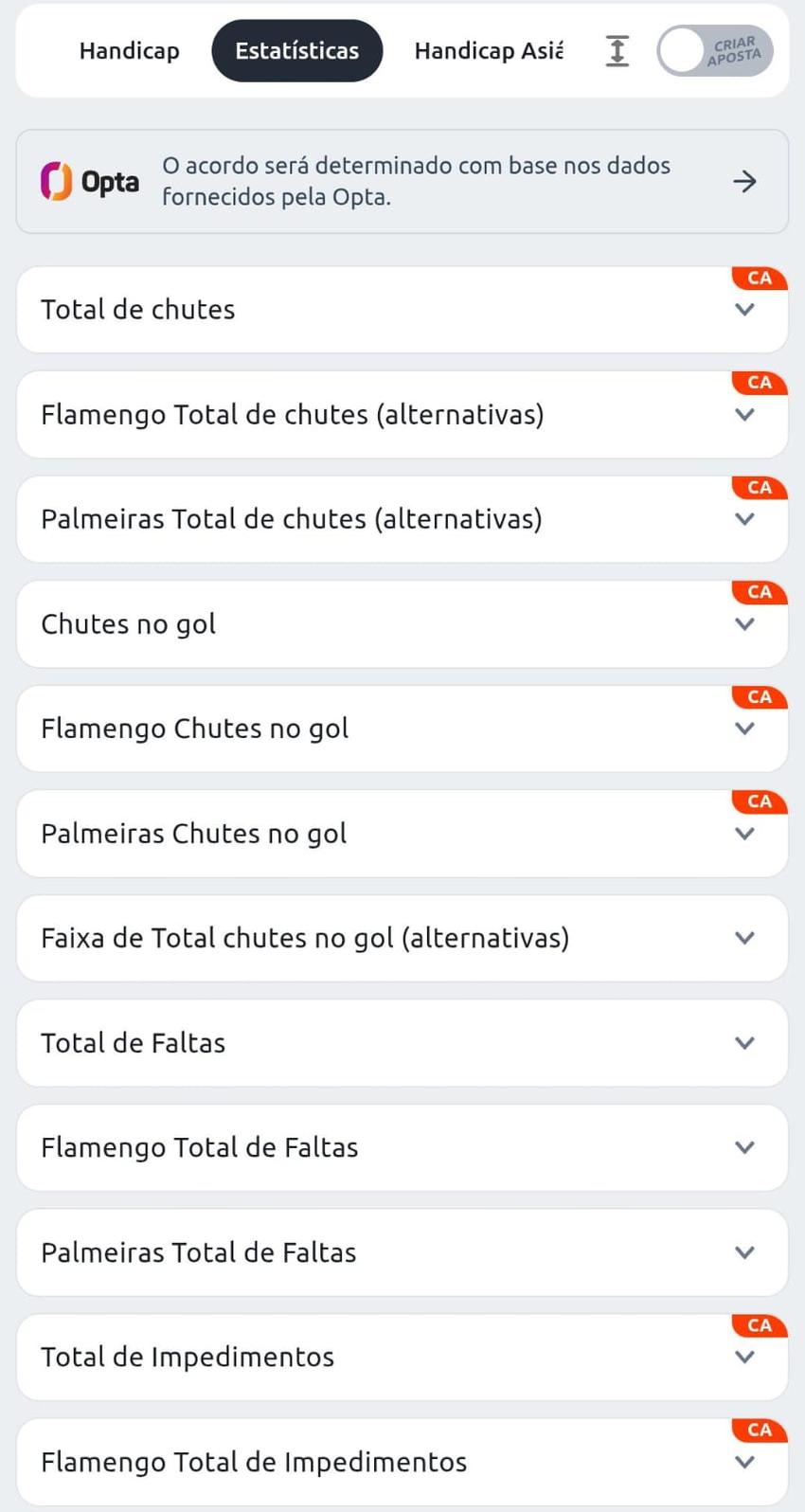 Captura de tela da Betano dos mercados de estatísticas do futebol