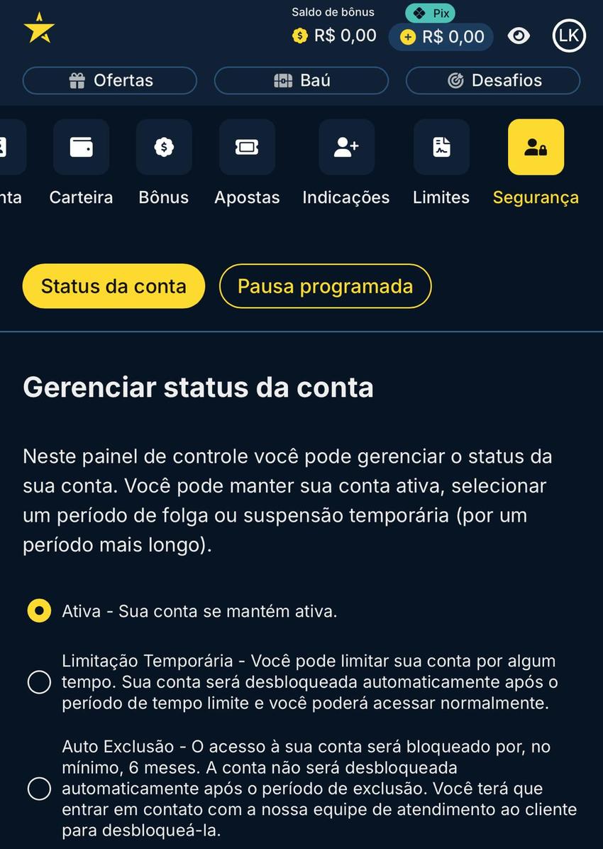 Captura da tela de limite de apostas na Estrela Bet.
