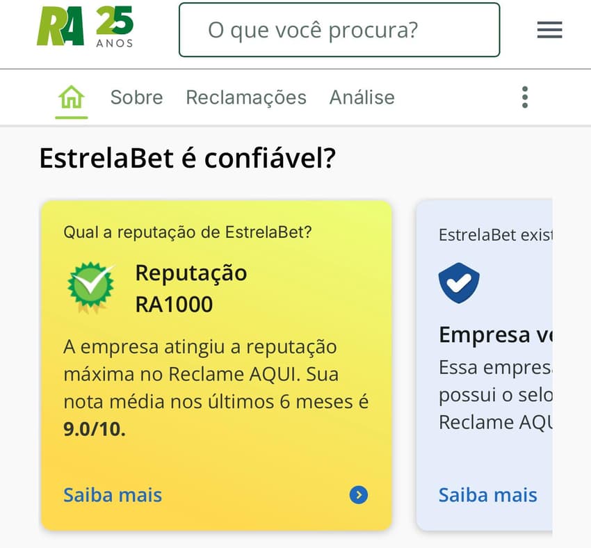 Captura de tela da conta da Estrela Bet no Reclame Aqui.
