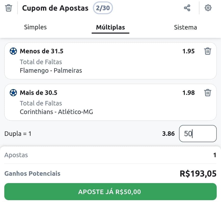 Captura de tela do Cupom de Apostas com mercados de Total de Faltas
