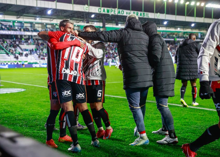Jogadores do São Paulo comemoram gol contra o Juventude 