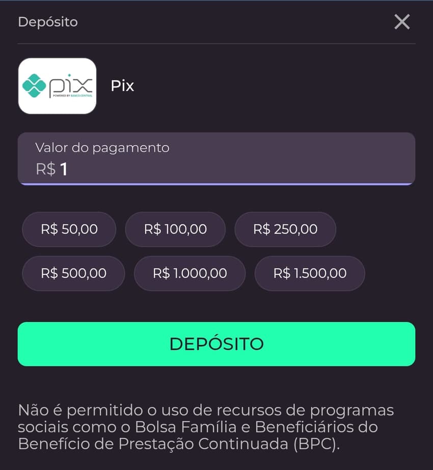 Captura de tela da página de depósito da casa de apostas Reals Bet