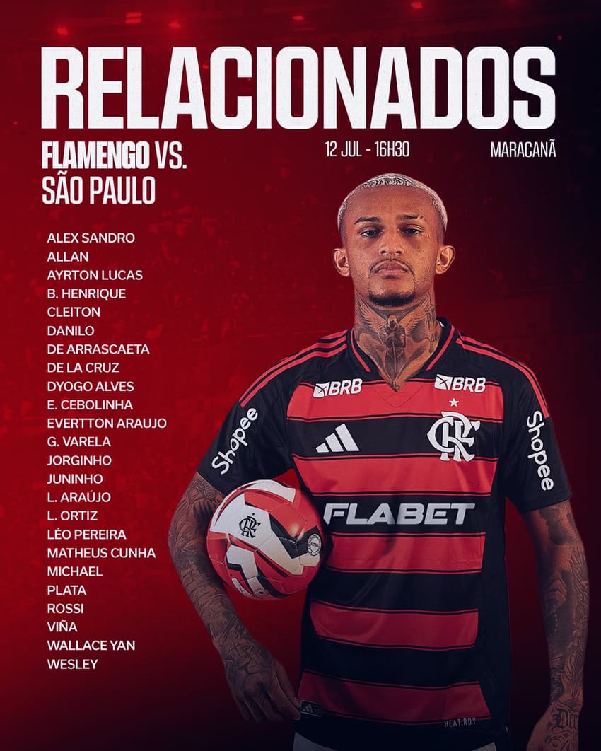 Flamengo divulga lista de relacionados para jogo contra o São Paulo (foto: Reprodução / X)