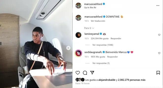 Comentário de Lamine Yamal na foto de Rashford, novo reforço do Barcelona (Foto: Reprodução/Instagram)