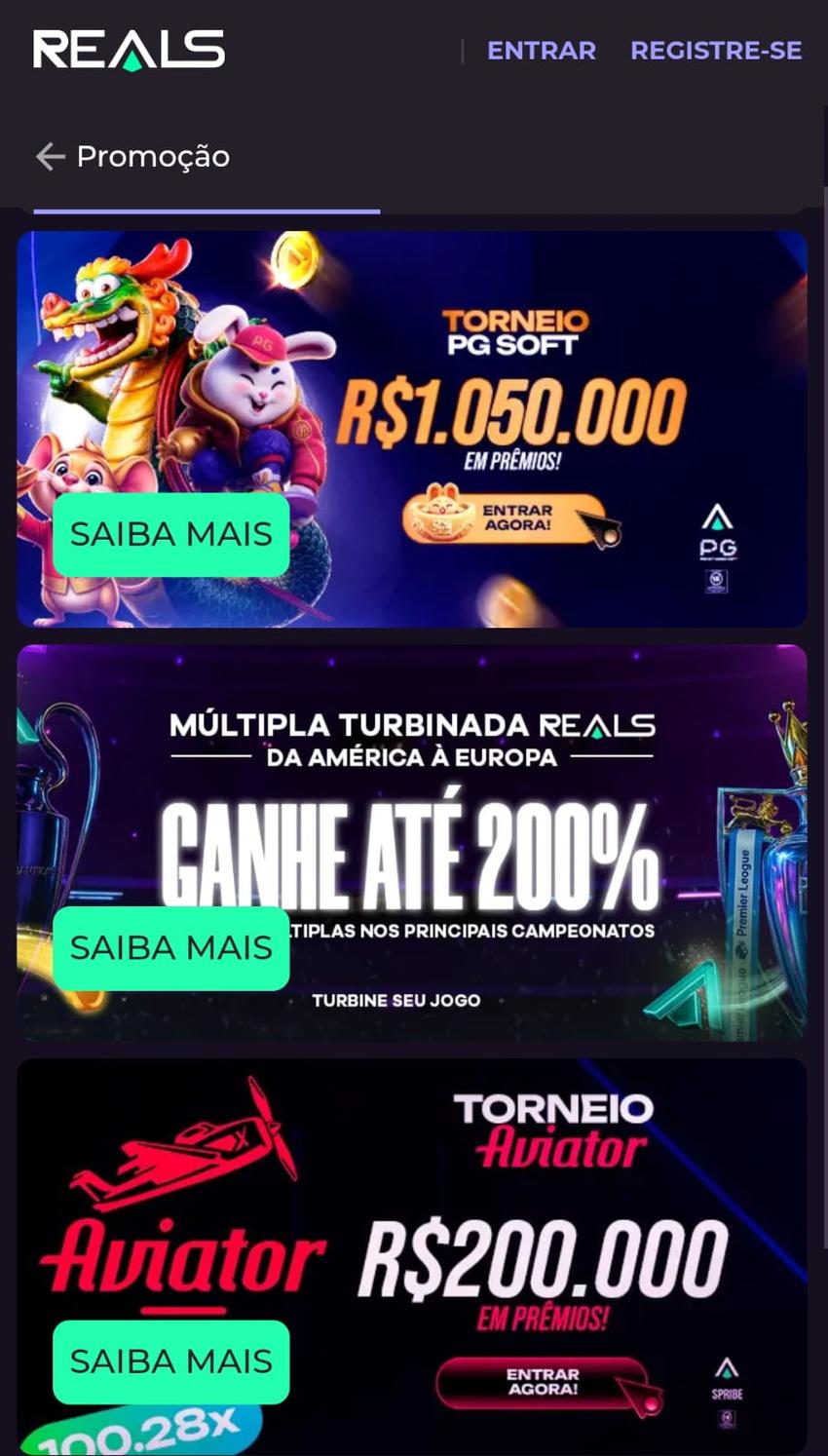 Captura de tela das promoções ativas na Reals Bet