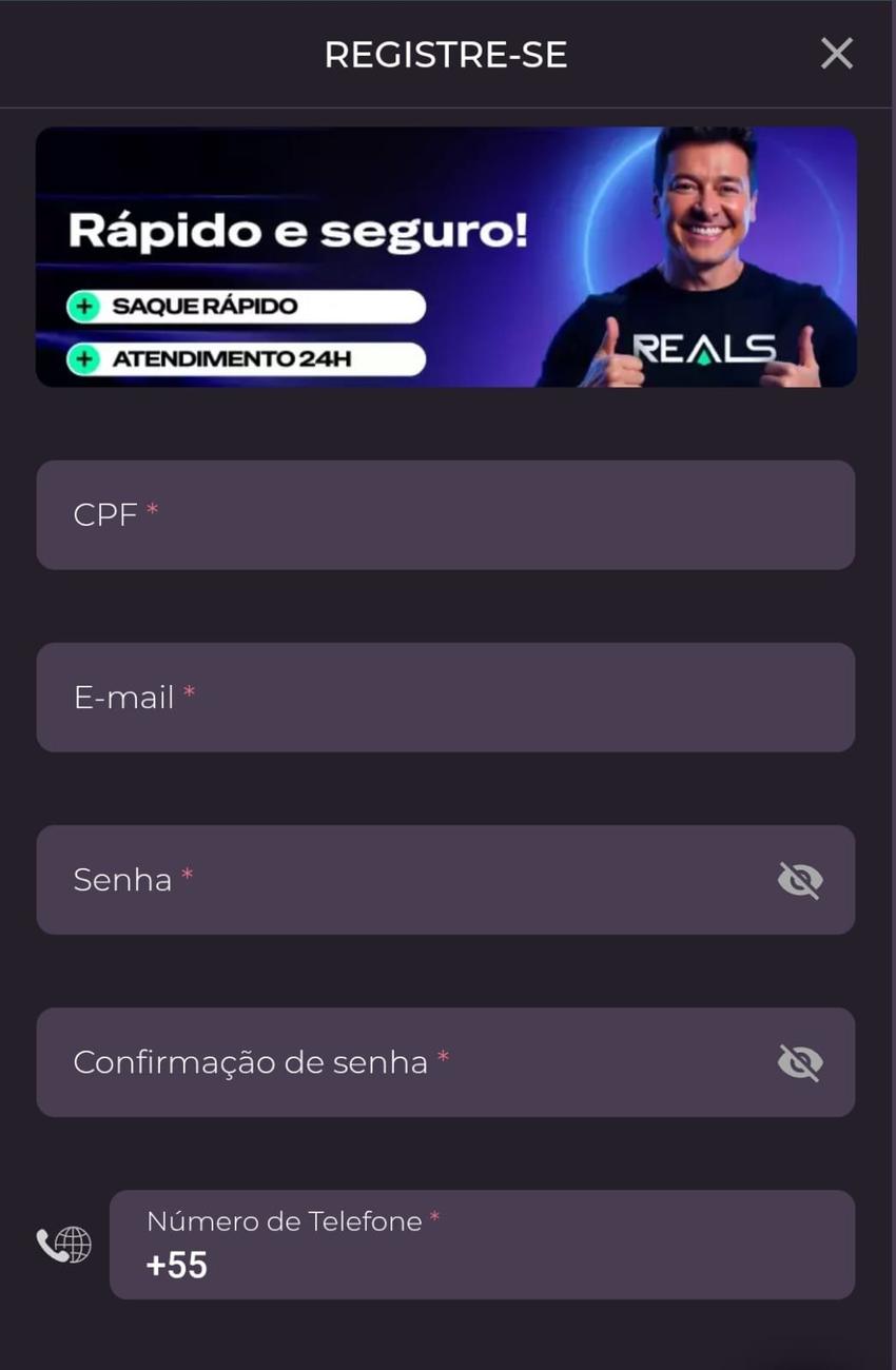 Captura de tela do formulário de cadastro na plataforma Reals Bet