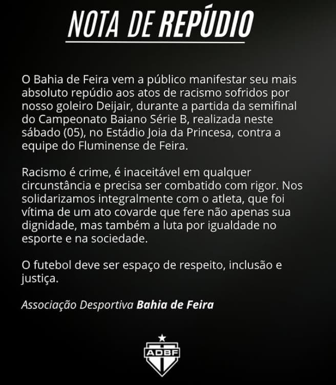 Nota de repúdio publicada pelo Bahia de Feira (Foto: redes sociais)