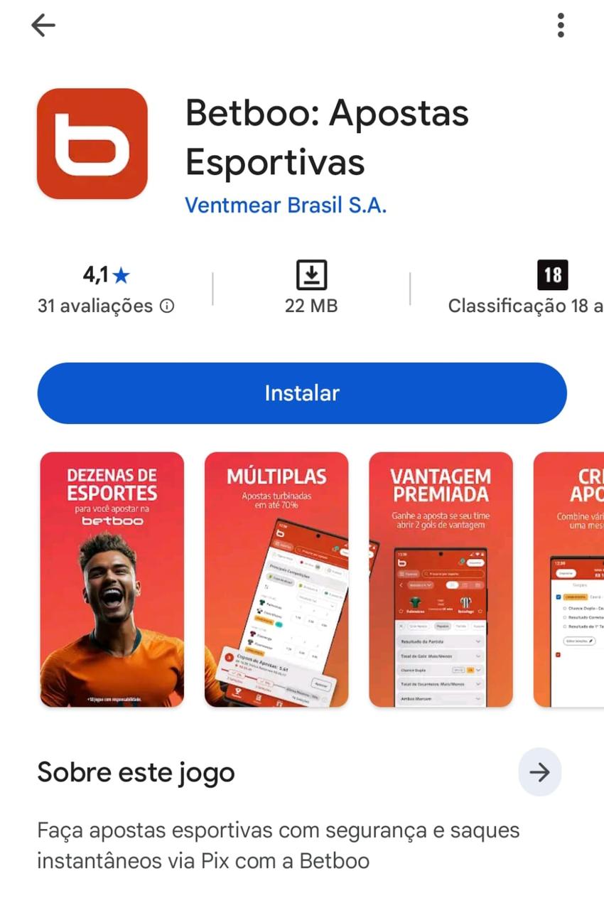 Captura de tela do aplicativo da Betboo na loja Play Store.