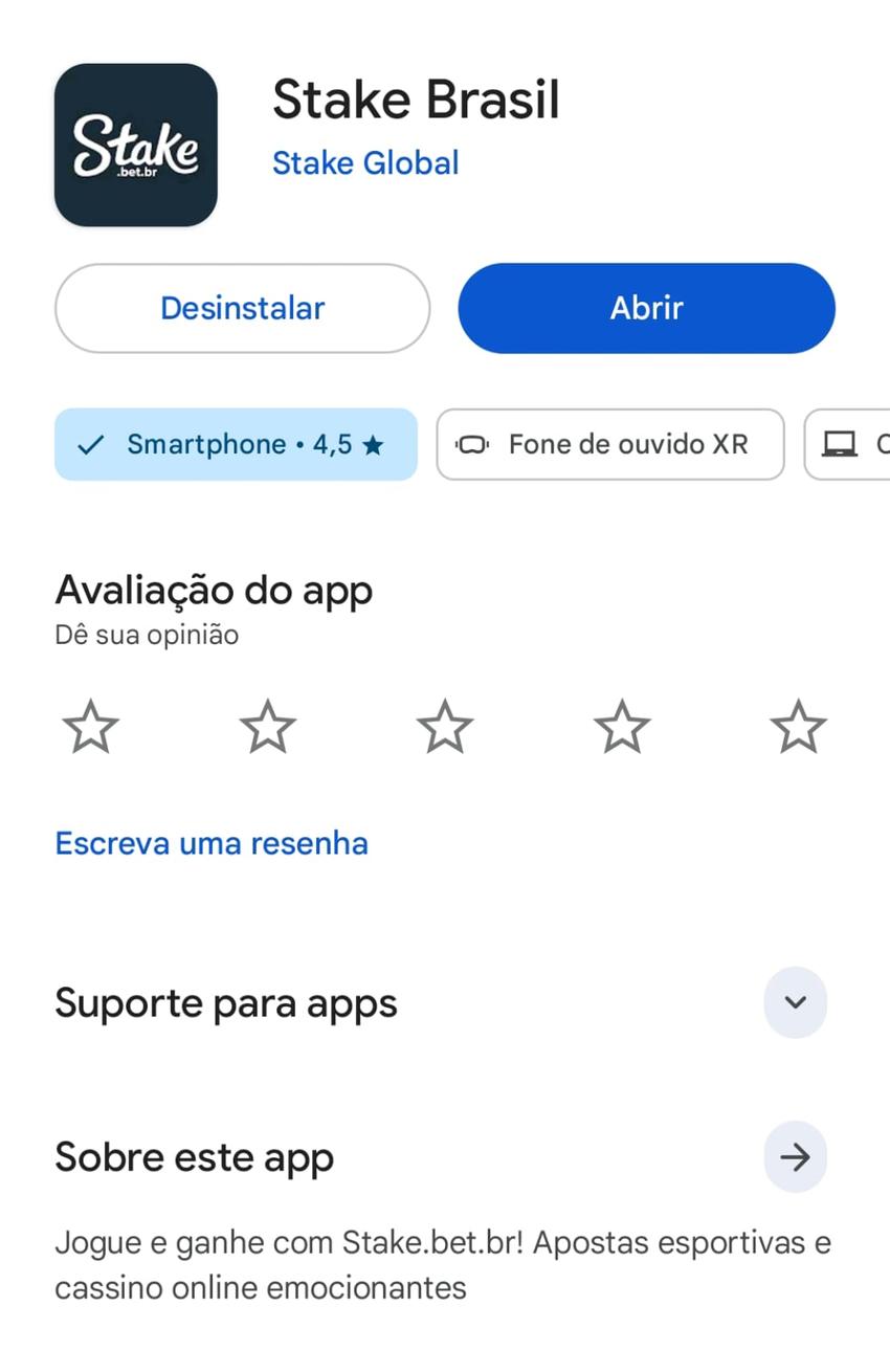 Captura de tela do aplicativo oficial da Stake na Play Store.