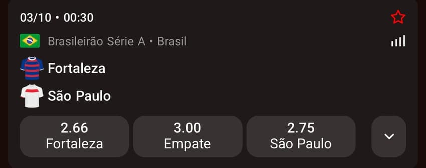 Captura de tela mostra odds para o jogo Fortaleza x São Paulo, do dia 03/10/2025