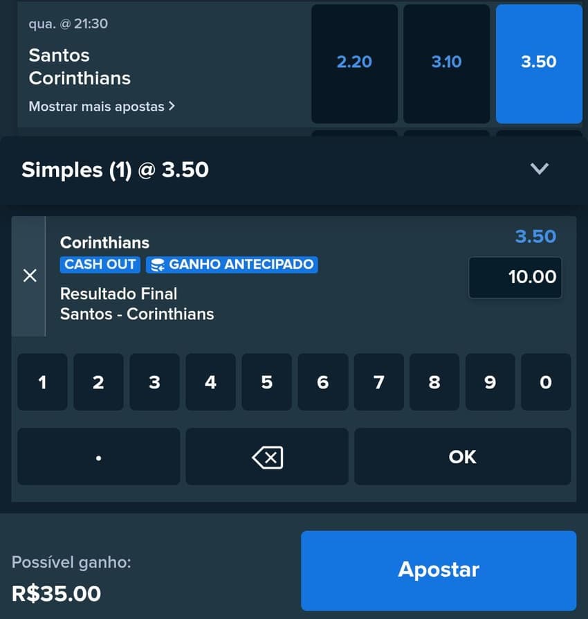 Captura de tela com uma aposta no futebol da Stake usando o aplicativo.