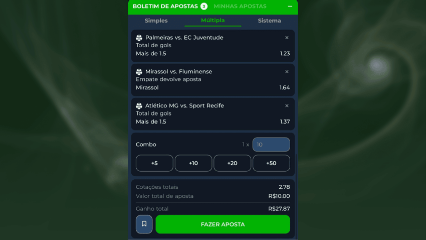 Captura de tela mostra como funcionam apostas múltiplas
