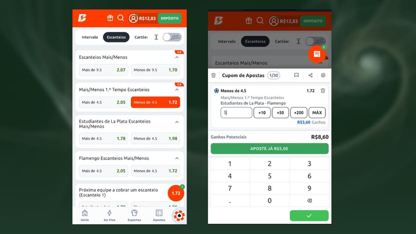 Capturas de tela do cupom da aposta em escanteio