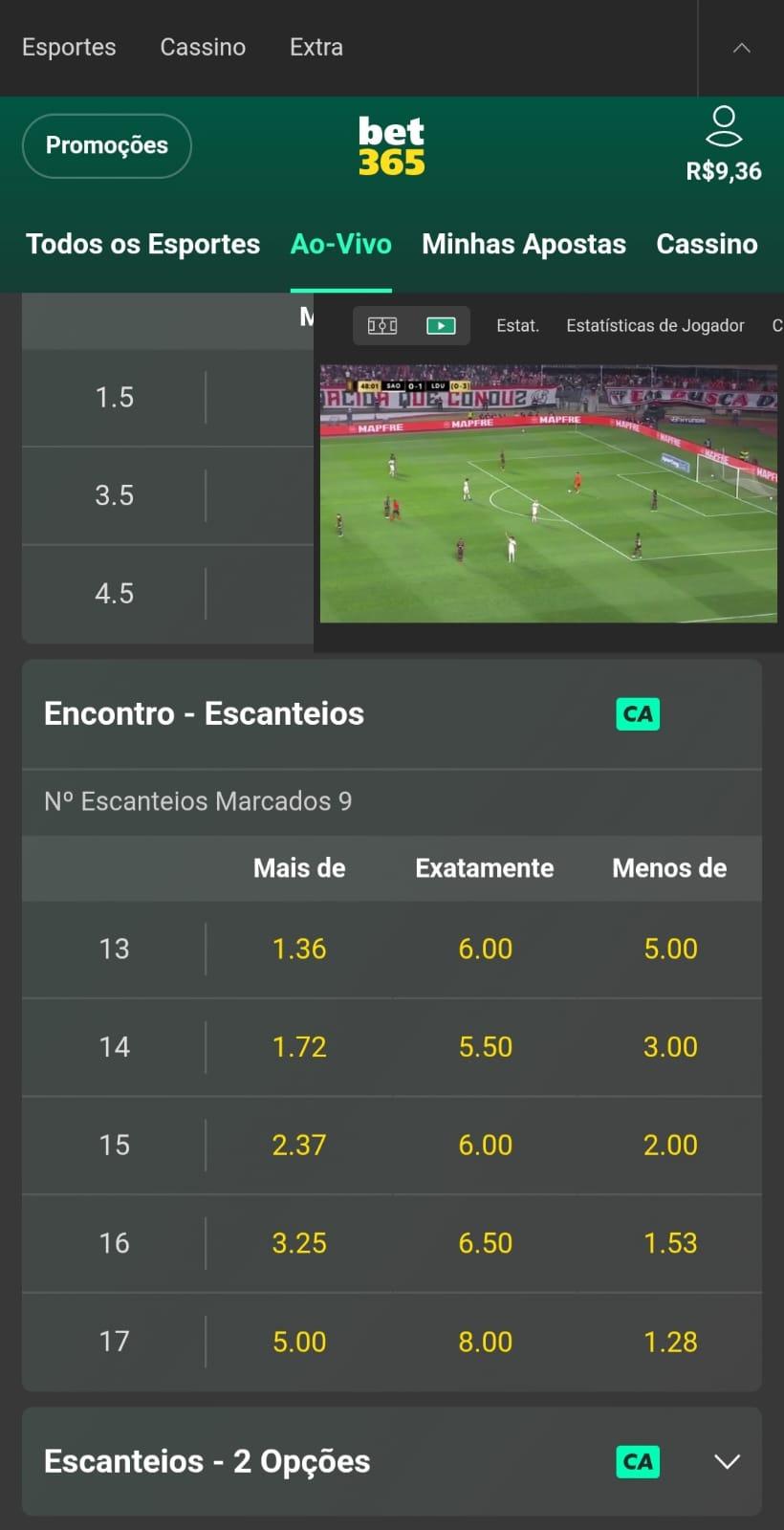Captura de tela de apostas ao vivo em escanteios