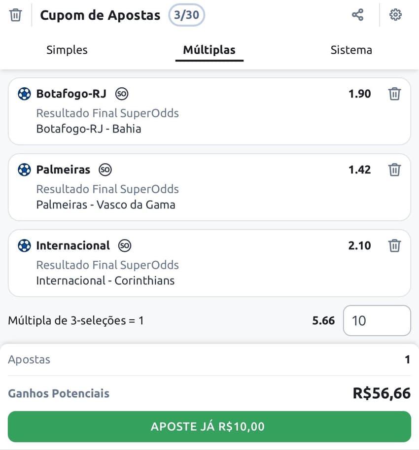 Captura de tela de apostas múltiplas na Betano.