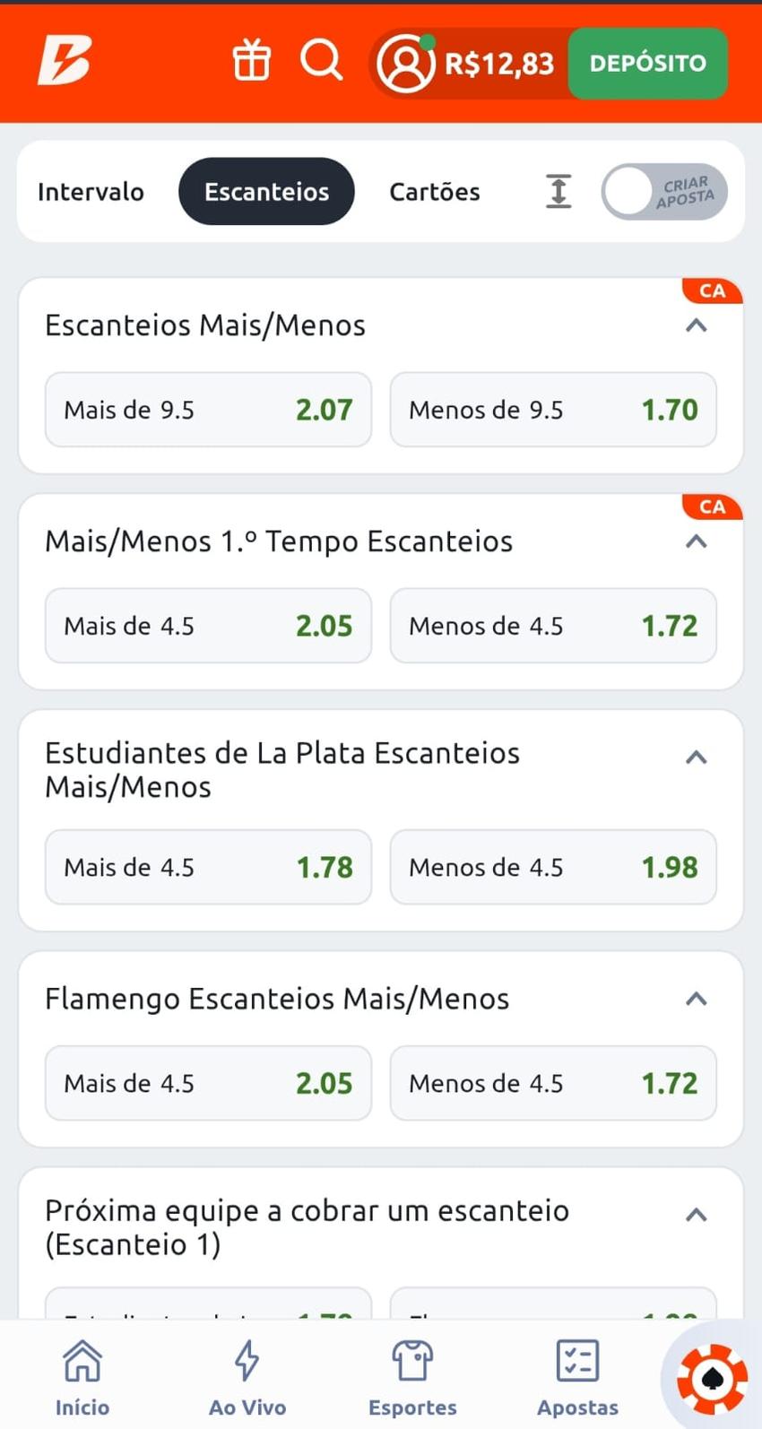 Capura de tela apostas em escanteio over/under