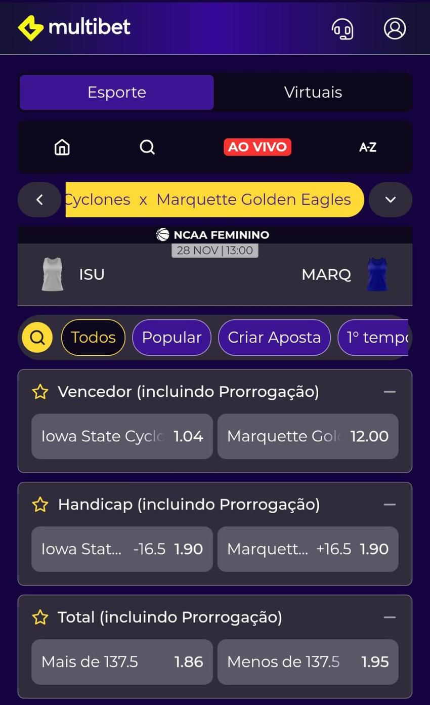 Captura de tela de um jogo de basquete na Multibet com as opções de mercados de apostas.