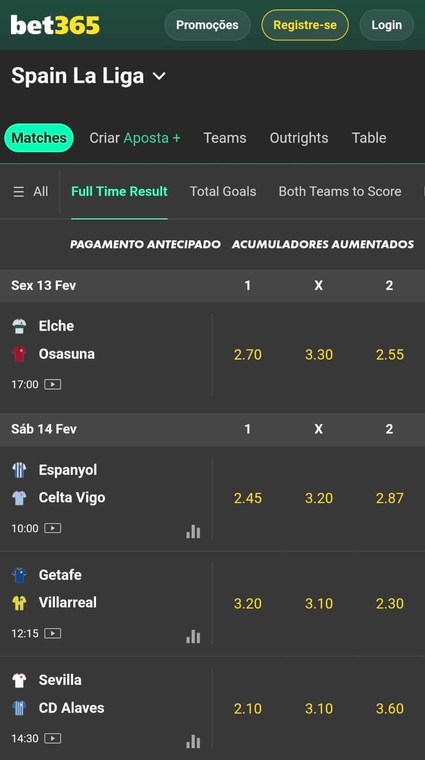 Captura de tela da página de apostas na La Liga no site oficial da bet365.