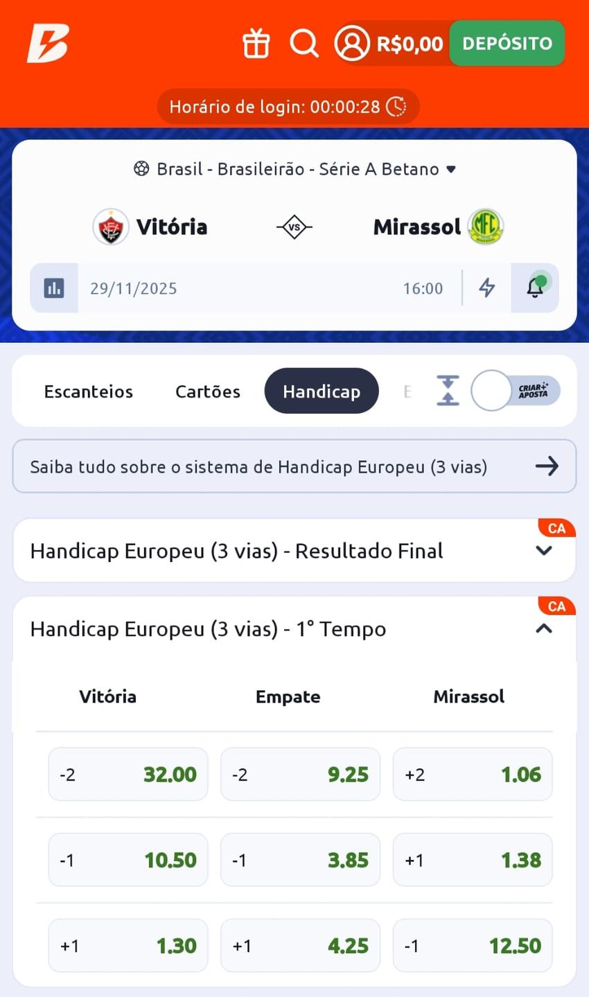 Captura de tela da Betano com opções de apostas no Handicap Europeu 3 vias para jogos do Brasileirão.