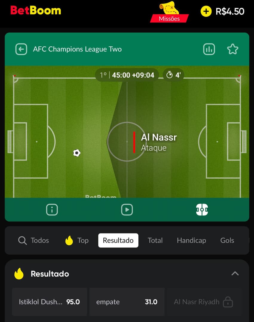 Captura de tela exibe o campo tático em apostas ao vivo no Betboom app.