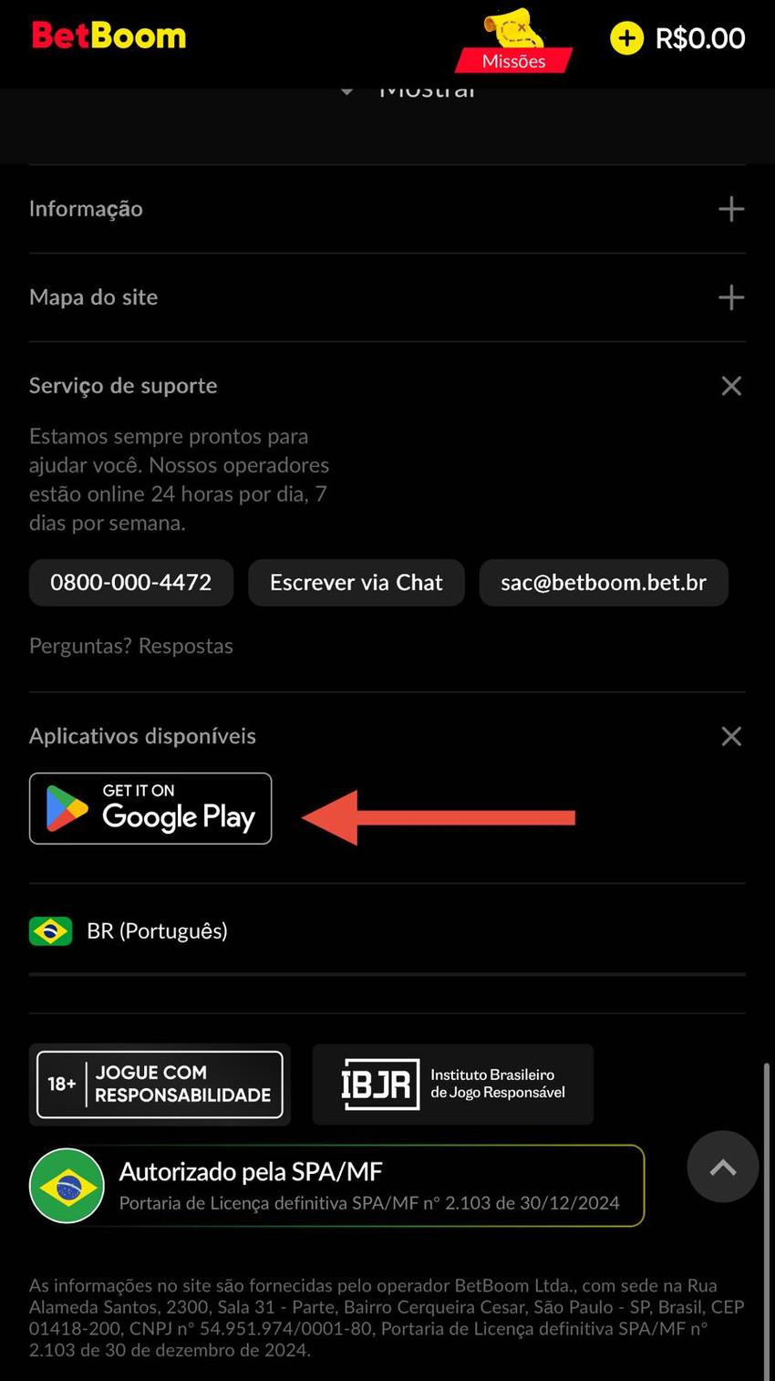 Captura de tela mostra como encontrar o link para fazer o download do Betboom app no site da plataforma.