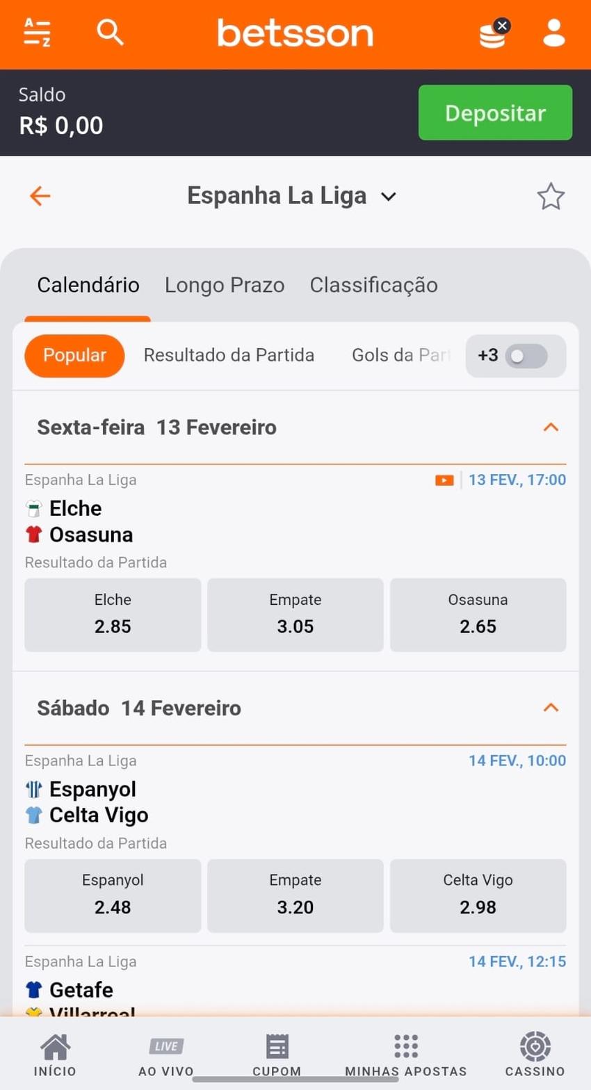 Captura de tela dos jogos disponíveis para apostas na La Liga na Betsson, com detalhes do horário da partida e odds.