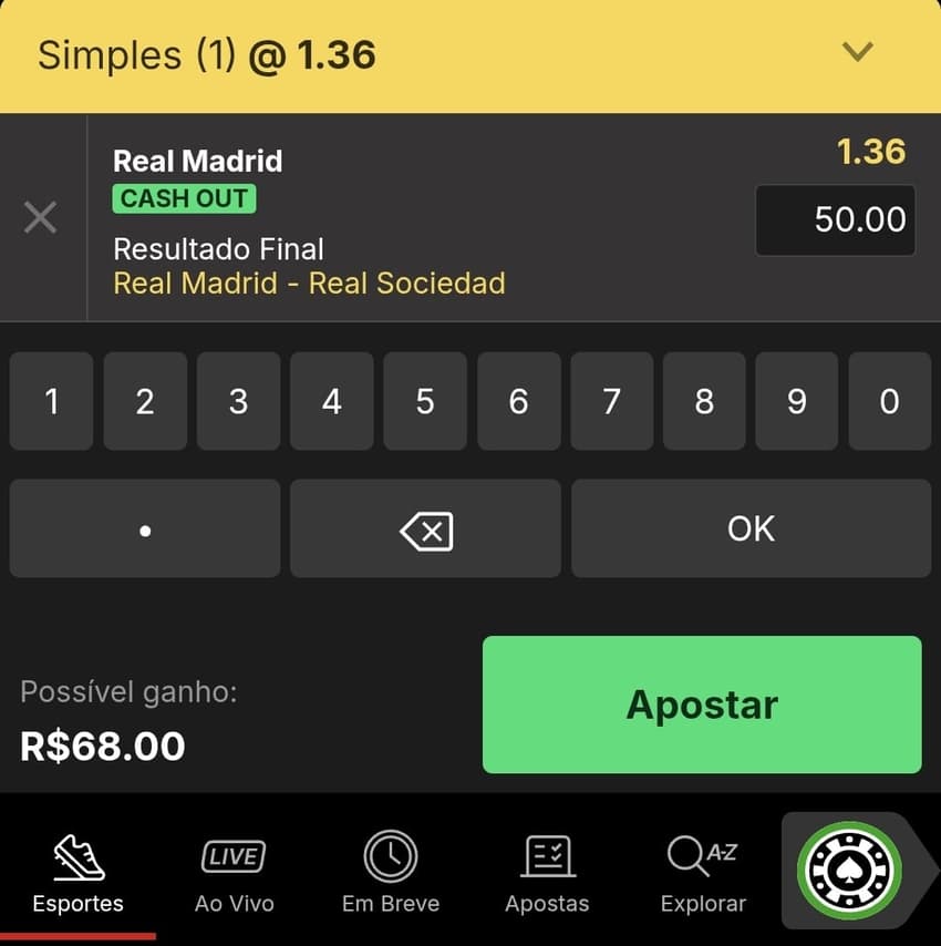 Captura de tela do bilhete de apostas na La Liga feito na KTO.