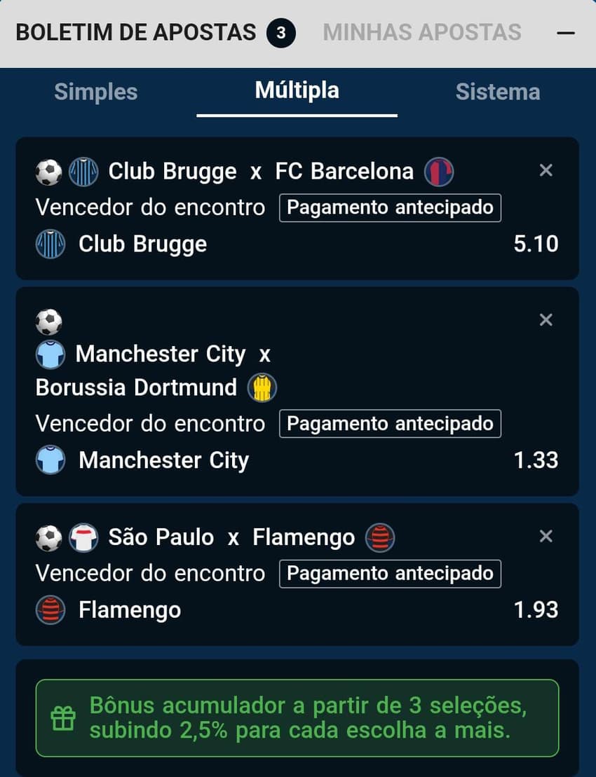 Captura do bilhete de apostas no CassinoPix com o bônus Acumulador Turbinado.