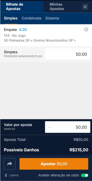 Bilhete de aposta em criação na Rivalo com empate no Paulistão.