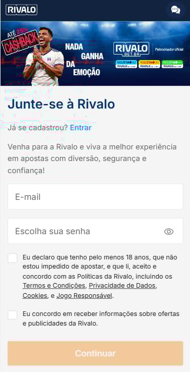 Formulário de cadastro na Rivalo com campos para informações de login.
